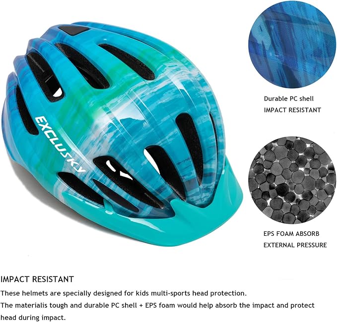 Exclusky Kids Bike Helmet with LED Light – Adjustable Multi-Sport Youth Helmet for Boys & Girls, Ages 5-12, Fits 50-57cm, Cycling Safety Gear