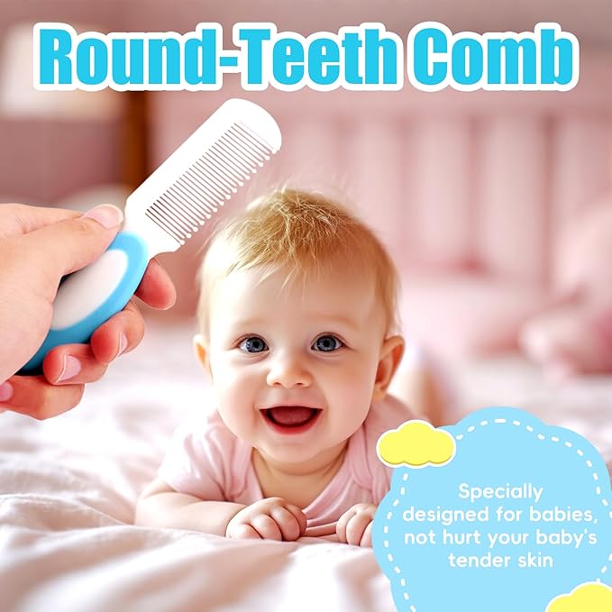 Baby Hair Brush and Comb Set, 4Pcs Baby Soft Bristles Hairbrush Cradle Cap Brush Hair Comb for Newborns Toddlers Boys Girls (Blue)