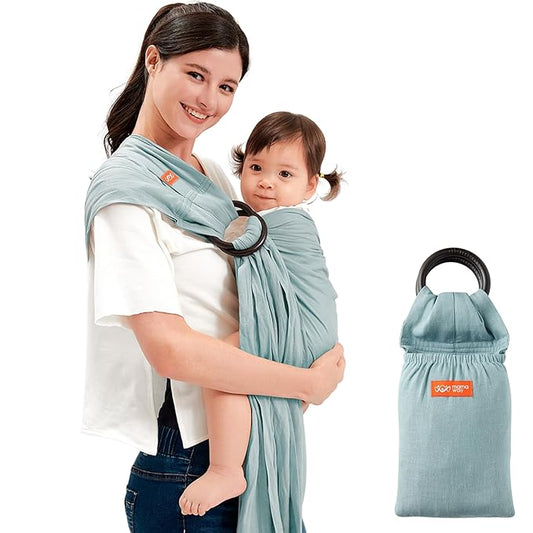 Mamaway Baby Ring Sling Carrier - Newborn and Toddler Sling (Supports up to 165lbs), IHDI Certified, Rayon & Linen Made, Soft & Breathable, Nylon 66 Safety Rings, Storage Pocket Design, Blue