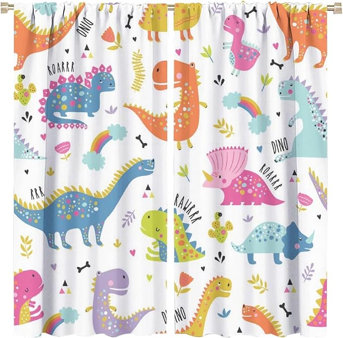 Cartoon Dinosaur Curtains for Kids Boys Girls Home Decor Childish Cute Dino Animals Print Pattern Rod Pocket Blackout Window Drapes for Nursery Baby Bedroom Playroom W21xL54in 2 Panels