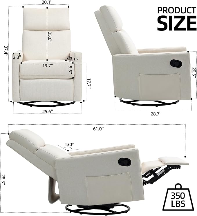 Swivel Rocker Recliner Chair, Upholstered Fabric Nursery Rocking Glider Chair with Adjustable Backrest and Footrest, Lay Flat Recliner Single Lazy Sofa for Living Room(Beige)