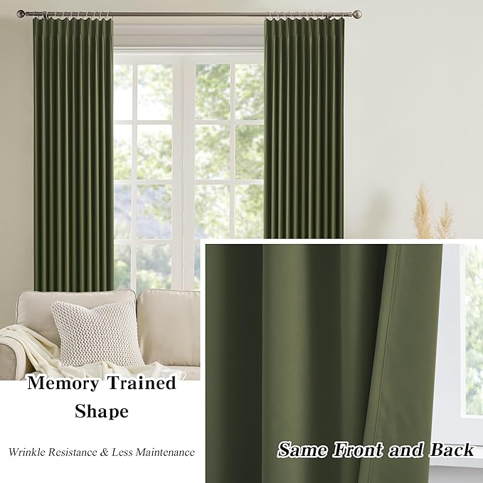 KEQIAOSUOCAI 96 Inch Curtains with Pinch Pleat,Warm Cold Blocking Block Out Room Darkening Curtain Drapes for Living Room 8 ft Tall(Dark Olive Green, 40" W x 96" L,2 Panels)