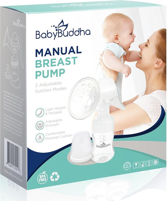 BabyBuddha Manual Breast Pump, Single Hand Expression Breastmilk Pump, Cordless and Portable, No Batteries or Power Needed, Soft Silicone Massage Cushion, BPA Free, Quiet, Dishwasher Safe, 1 Pack