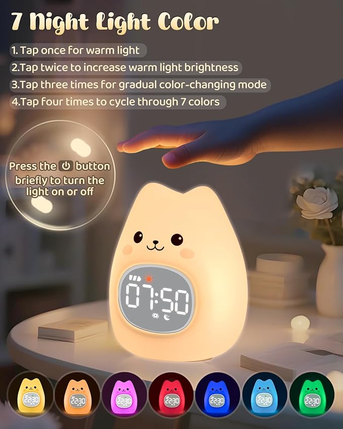 Cat Alarm Clock for Kids with Night Light, Sleep Training Clock Time to Wake Clock, Rechargeable Silicone Light for Bedroom, Perfect Sleep Companion for Boys Girls