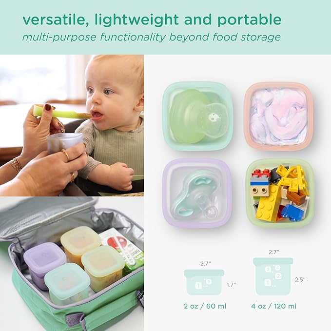 Olababy Clear Sense Silicone Storage Containers 4pk for Baby Food, Snacks, Formula, Puree, Sauce & More | Micro Plastic & BPA-Free | Daycare Essentials for Toddlers and Kids (Mint, 2 oz / 60 ml)