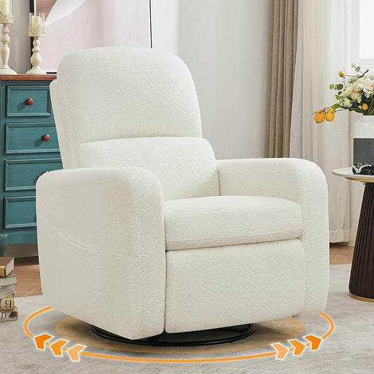 Swivel Rocker Recliner, Oversized Boucle Glider Recliner Nursery, Manual Swivel Rocking Reclining Chairs with Removable Cushion and Lumbar Support for Nursery Living Room Bedroom, Teddy White
