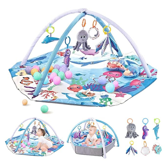 Baby Play Gym Mat,10-in-1 Tummy Time Mat,Sea World Baby Play Mat Activity Gym,Washable Foldable Baby Floor Play Mat for Infants and Toddlers from 0-6-12 Months Newborn Sensory Motor Skill Development