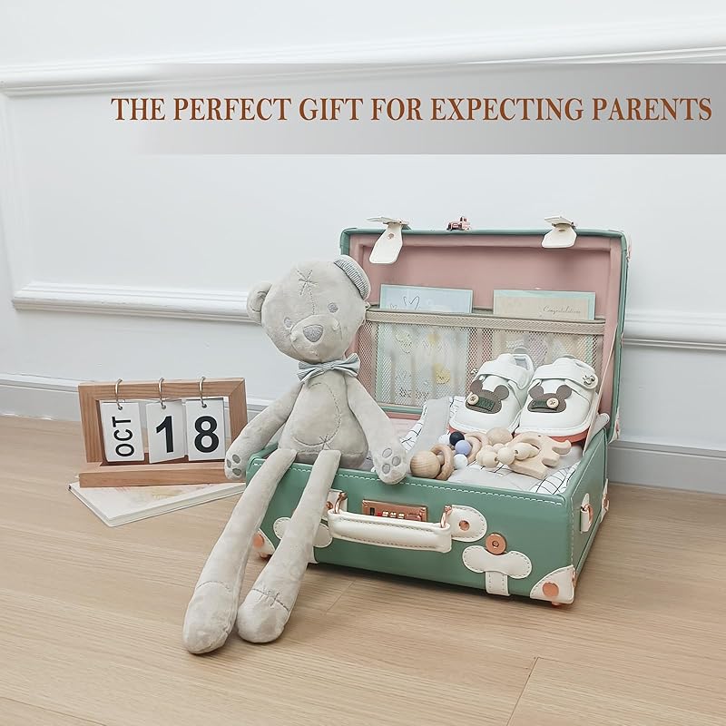 Unitravel Baby Keepsake Case, 13" Handmade Memory Storage Box, Newborn Keepsake Box, Vintage Suitcase for Baby Shower, Baptism, Naming Ceremony or Birthday (mint green)