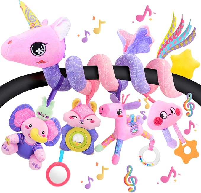 Musical Car Seat Toy for Babies 0-12 Months Girl, 5-in-1 Sensory Activity Hanging Toy Stroller Toy with Soothing Music, Rattle, Mirror for Newborn Infants Essential Gifts, Unicorn