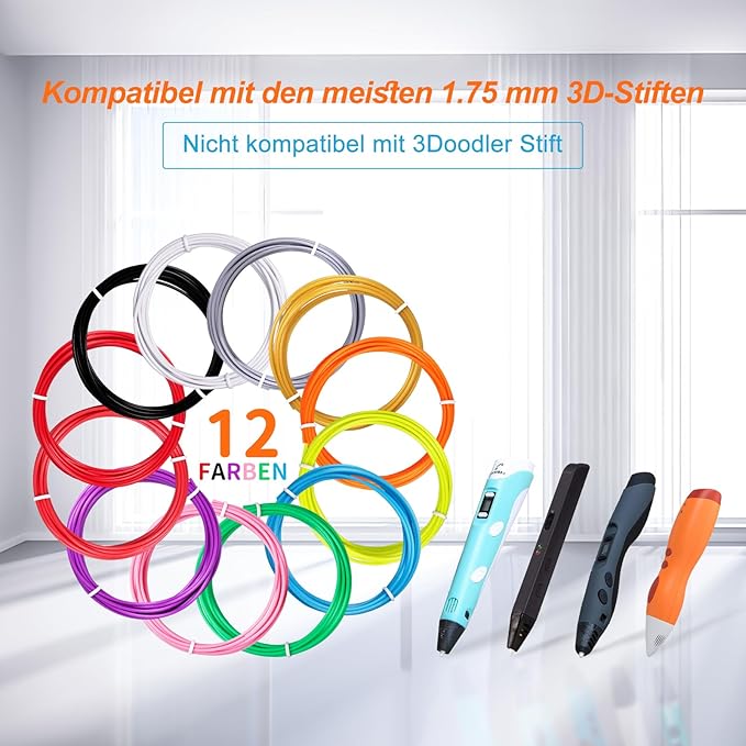 3D Pen Filament Refills 12 Colors Compatible with SCRIB3D MYNT3D PIKA3D 3D Pen for Kids Each Color 10Feet 1.75mm PLA 3D Printing Pen Filament Refills, NOT FIT 3Doodler Start Pen