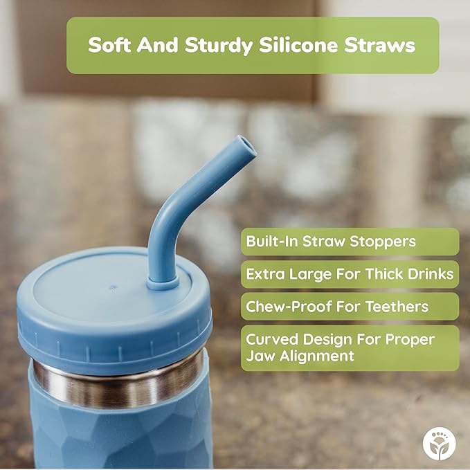 WeeSprout 2-in-1 Drinking Cups for Kids, Durable Stainless Steel Tumbler for Smoothies, Silicone Straws with Stoppers, Premium Plastic Twist Lids, Easy-Grip Sleeves, Set of 4 Dishwasher Safe Kid Cups