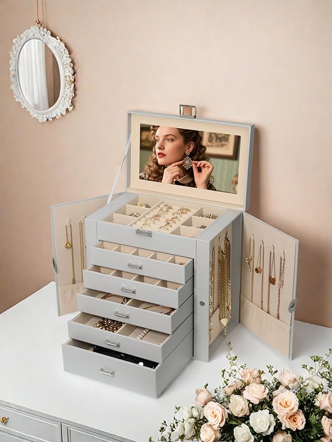BOOVO Jewelry Box For women, 6 Layer Large Jewelry Organizer With Mirror, Multi-Function Storage Box With Lock, Necklace Holder With 5 Drawers, For Earrings Necklace Bracelet (Silver and Grey)
