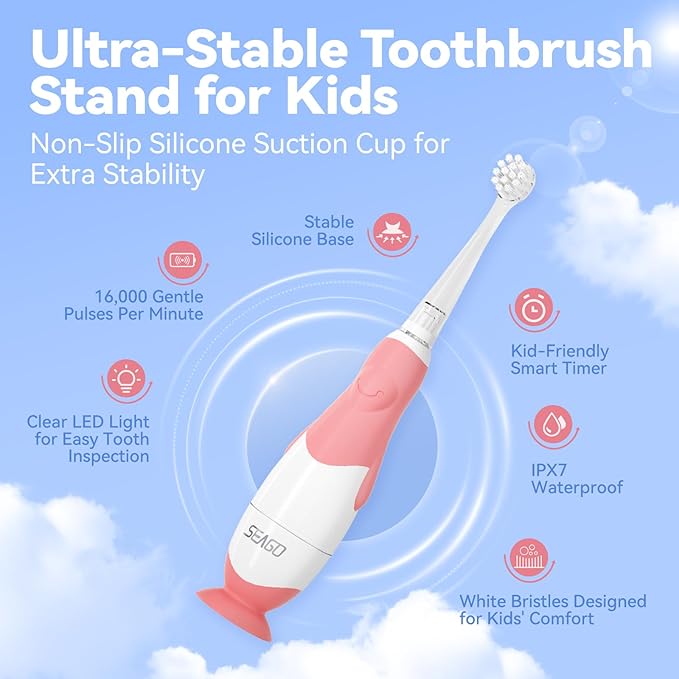 Toddler Electric Toothbrush, Soft Bristles, Colorful LED Light for Easy Checkups, Makes Brushing Fun, 2-Minute Timer for Proper Brushing, Cute Design, IPX7 Waterproof, Includes AAA Battery (Pink)