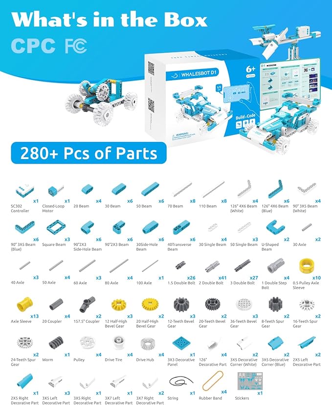 WhalesBot D1 21-in-1 STEM Coding Robot Kit for Kids (Ages 4-10), 280+ Pieces Educational Building Set with APP-Controlled & Programming, 3D APP Guidance, Ideal Toy Gift for Boys & Girls