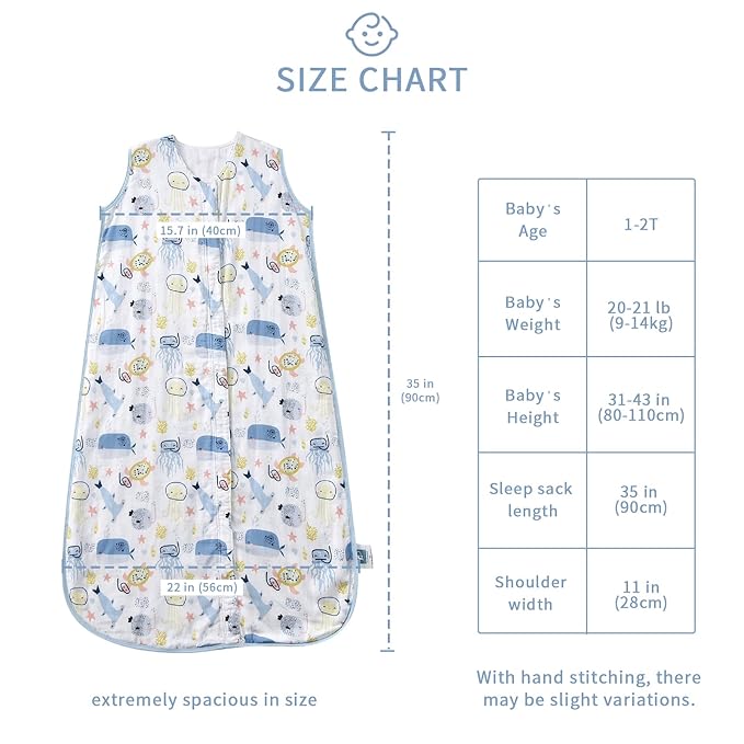Baby Sleep Sack 1-2 T Baby Wearable Blanket 100% Organic Cotton 0.5 TOG Muslin Toddler Sleeping Sacks 2- Way Zipper Warm 12-24 Months