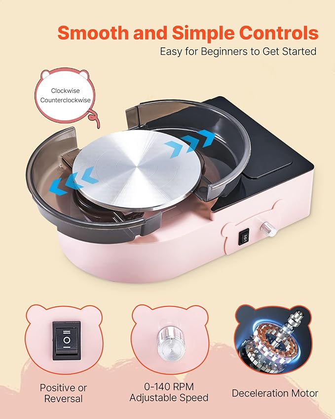 VEVOR Mini Pottery Wheel for Kids and Beginners, 6” Turntable, Two-Way Rotation, Adjustable Speed, Complete Pottery Set with Clay Art Supplies Sculpting Tools, Craft Gifts for Kids Teens Adults, Pink