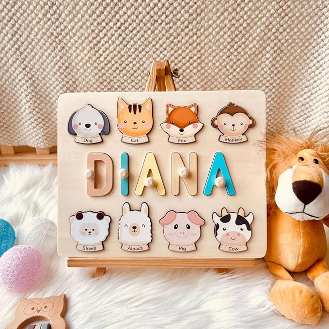 Personalized Name Puzzle for Kids, Personalized Baby Gifts Custom Name Puzzles for Toddlers 1-3 Animal Puzzle, Customized 1st Birthday for Girls & Boys Wooden Puzzle Montessor Toys for Kids