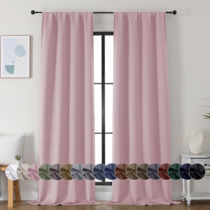 Simplebrand Ava Blush Blackout Curtains for Bedroom 96 Inches Long 2 Panels, Solid Thermal Insulated, Energy Saving Nursery Window Treatment Curtains Blackout Drapes, W40 x L96 Inch, Blush