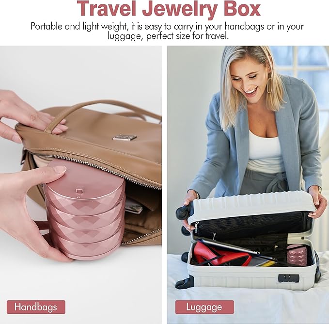 CONBOLA Travel Jewelry Case Box, Small Jewelry Organizer Earring Holder for Women, 5-Layer Rotating Jewelry Storage Tray with Lid for Bracelets Rings Bracelets