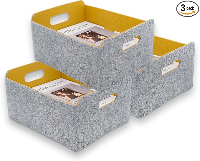 Welaxy Storage Baskets Collapsible Felt Storage bin Foldable Shelf Drawers Organizers for Kids Pet Toys magazine Books Clothes Closet Cabinet decluttering (Curry x 3)