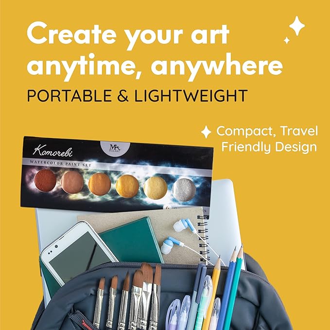 MozArt Supplies Komorebi Metallic Watercolor Paint Set – Set of 6 Shimmery Colors – Portable and Lightweight – For Artists, Students, Kids & Hobbyists - Metallic Watercolor Paints