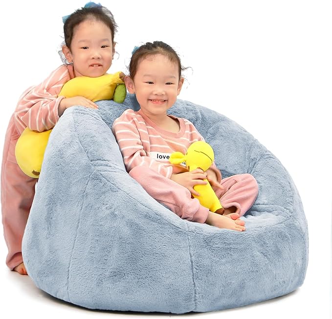 N&V Small Bean Bag Chair for Kids, Children Mini Bean Bag Sack, Foam Filling, Includes Removable and Machine Washable Cover, 27in, Soft Faux Fur (Grey)