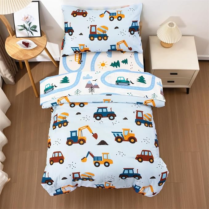 NTBED 4 Pieces Construction Truck Toddler Bedding Set for Baby Boys, Cartoon Vehicles Excavator Cars Printed, Includes Comforter, Flat Sheet, Fitted Sheet and Pillowcase,Light Blue