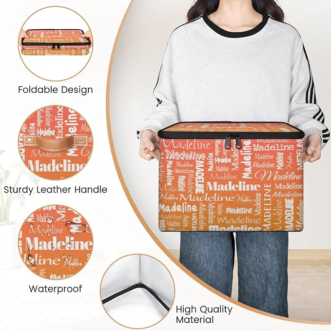 Custom Storage Basket with Name, Personalized Storage Bins with Zipper Lid, Foldable Fabric Storage Box Large capacity with Handle Orange