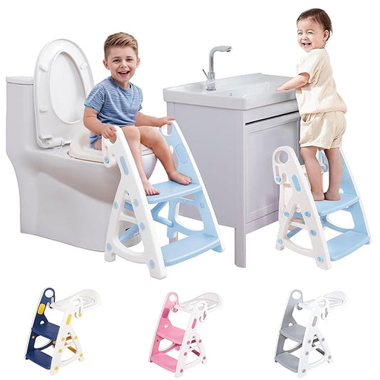 Potty Training Seat:2 in 1 Design Potty Seat for Toilet & Nursery Step Stool for Sink, Potty Training Toilet with Height Adjustable Ladder for Kids of All Ages (Arctic)