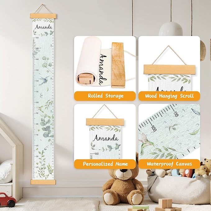 Personalized Name Growth Chart for Wall, Eucalyptus Leaves Canvas Height Chart for Kids Baby Child Toddler Boys Girls, Canvas&Wood Growth Chart for Wall Room Nursery Decor,Easy Care