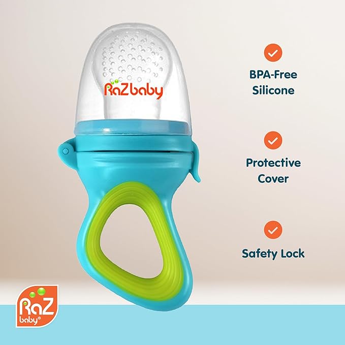 RaZbaby Baby Solids/Frozen Fruit Feeder Pacifier, Infant Teether Toy 6M+, BPA-Free Silicone Pouch & Nipple, Safely Introduce Solids, Natural Teething Relief, Dishwasher Safe, Freezable – Blue/Green