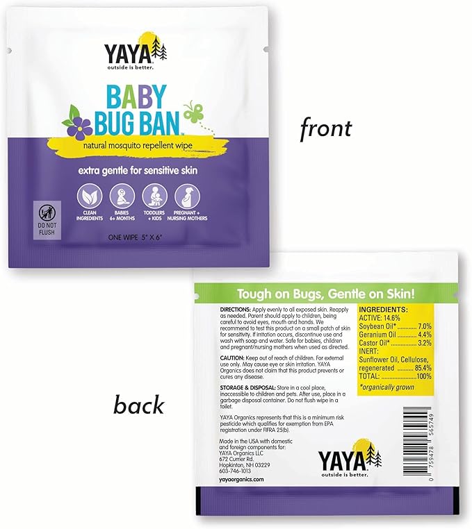 YAYA ORGANICS Baby Bug BAN Insect Repellent Wipes – All-Natural, DEET-Free, Non-Toxic, for Babies, Kids, Pregnant and Nursing Moms and Sensitive Skin (12 Count, Pack of 1)