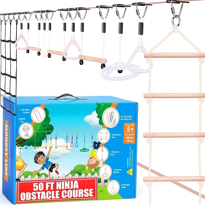 Ninja Warrior Obstacle Course for Kids – 2 x 50 ft Slacklines with 10 Weatherproof Obstacles – Monkey Net, Ratchet-Tight Technology, Supports Up to 880 lbs – Climbing & Swinging Equipment