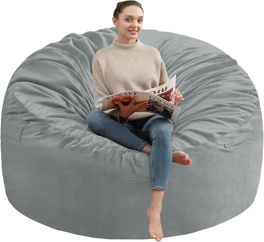 6FT Bean Bag Chair, Large Bean Bag Chairs with Memory Foam Filled, Fluffy Beanbag Sofa with Dutch Velvet Cover, Round BeanBag Chairs for Living Room, Playroom - Light Grey