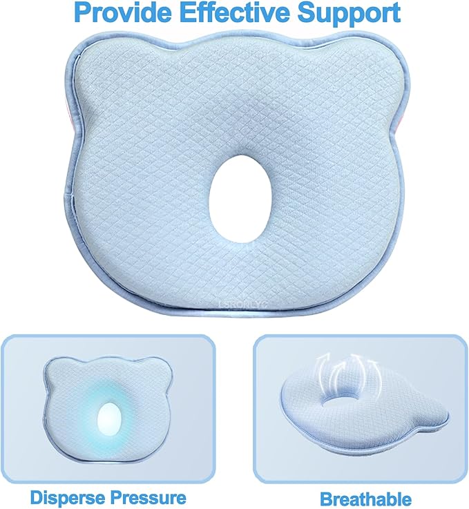 Memory Foam Baby Pillow, Portable Cartoon Bear Soft and Cozy Pillow, Breathable Bedding Set for Infants for Small Boys and Girls(Blue)