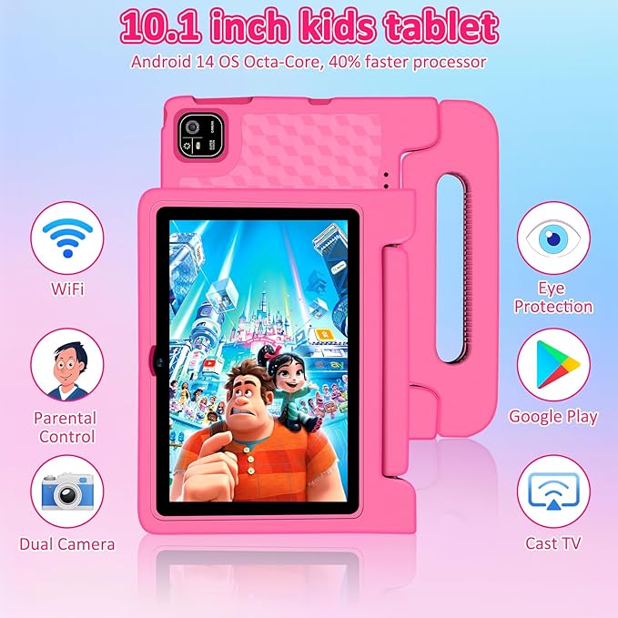 Tablet for Kids, 10.1 inch IPS HD Touchscreen Android 14 64 GB Storage, 8GB RAM, Octa-Core Kids Tablet, Parental Controls, 12-hr Battery, WiFi, GPS - Pink