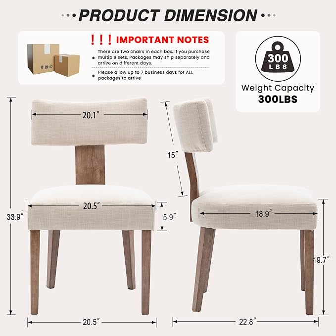 HNY Mid Century Modern Dining Chairs, Linen Fabric Upholstered and Curved - Image 2