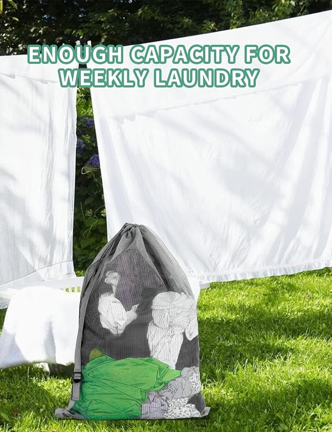 Mesh Laundry Bags with Adjustable Shoulder Strap, 24" x 36" Heavy Duty Nylon, Drawstring Closure, 3-Pack, Mixed Colors