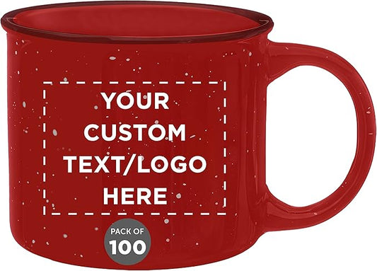 DISCOUNT PROMOS Custom Ceramic Campfire Coffee Mugs 13 oz. Set of 100, Personalized Bulk Pack - Perfect for Tea, Espresso, Cappuccino, Hot Cocoa - Red