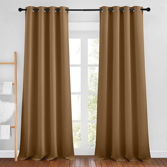 NICETOWN Insulated Curtains Blackout Draperies - Triple Weave Microfiber Home Thermal Insulated Solid Ring Top Blackout Curtains/Panels for Bedroom(Gold Brown, Set of 2, 46 x 90 Inch)