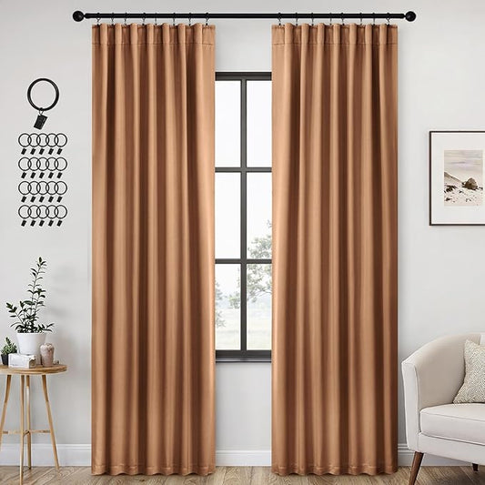 ANRODUO Back Tab Blackout Curtains for Bedroom Living Room, Rod Pocket Pinch Pleated Thermal Insulated Room Darkening Curtains 90 Inches Long 2 Panels, Brown, 42 x 90 Inch