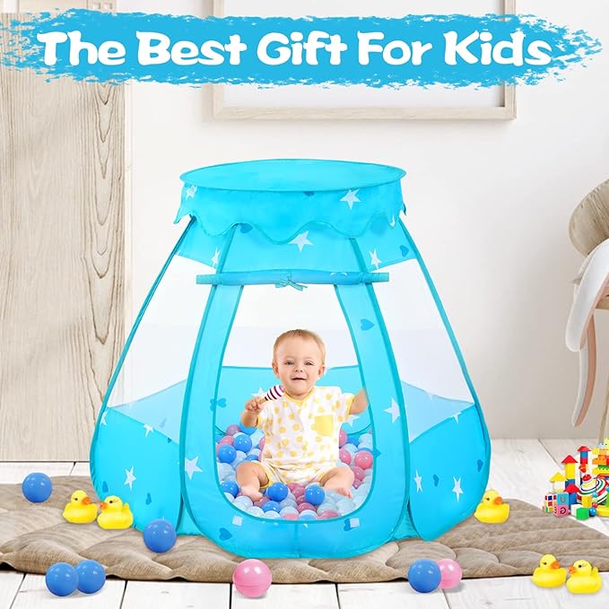 Baby Ball Pit for Toddler with 50 Balls, Kids Pop Up Play Tent for Girls, Princess Toys for Children Indoor & Outdoor Playhouse with Carry Bag (Bule: Pink/White/Babyblue, 109x90cm/50 Balls)