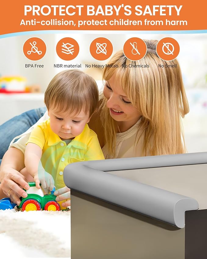 Baby Proof Edge Corner Protector, 6.56FT 0.47''Th L-Shape Furniture Corner & Edge Safety Bumpers with 6 Corners, Pre-Taped, Soft NBR Rubber Foam Desk Edge Cushion Wall Corner Protector（Grey）
