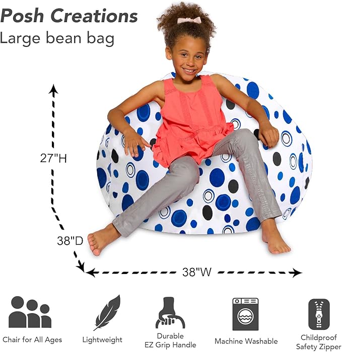 Posh Creations Bean Bag Chair for Kids, Teens, and Adults Includes Removable and Machine Washable Cover, Canvas Bubbles Blue and White, 38in - Large