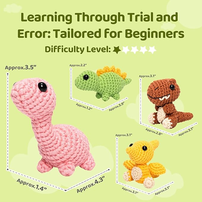 Mewaii Crochet Kit for Beginners – 5 Easy Dinosaur Crochet Kits with Step-by-Step Video Tutorials, Pre-Started Yarn, 40% Extra Yarn, Beginner Crochet Kit for Adults & Kids