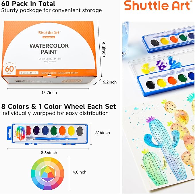Shuttle Art 8 Colors Watercolor Paint Set, 60 Pack with Paint Brushes & Color Wheels, Washable for Kids & Adults, Suitable for Classroom, Parties, Kindergarten & Art