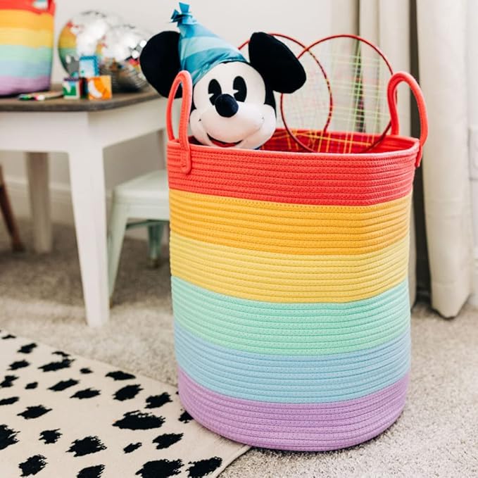 OrganiHaus Tall Rainbow Rope Blanket Basket for Living Room Decor, Cute Woven Baby Laundry Basket, Baby Nursery Hampers for Toys, Kids Laundry Hamper for Dirty Clothes, Decor for Kids Classroom