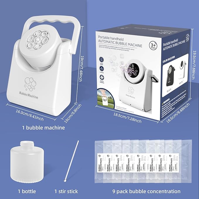 Bubble Machine Automatic Bubble Blower for Kids Batteries Operated Portable Bubble Maker Electric Bubble Machine Adjust Angle by 90° Indoor Outdoor Toy for Birthday Party Wedding (Portable White)