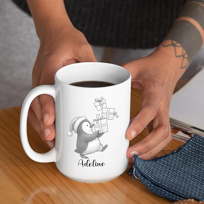 Personalized Penguin Accent Coffee Cup With Name, Cute Penguins Ceramic Mug Gift For Granddaughter Grandson Birthday, Customized Name Penguin White Coffee Mug 11 15 Oz, Novelty Penguins Lover Teacup