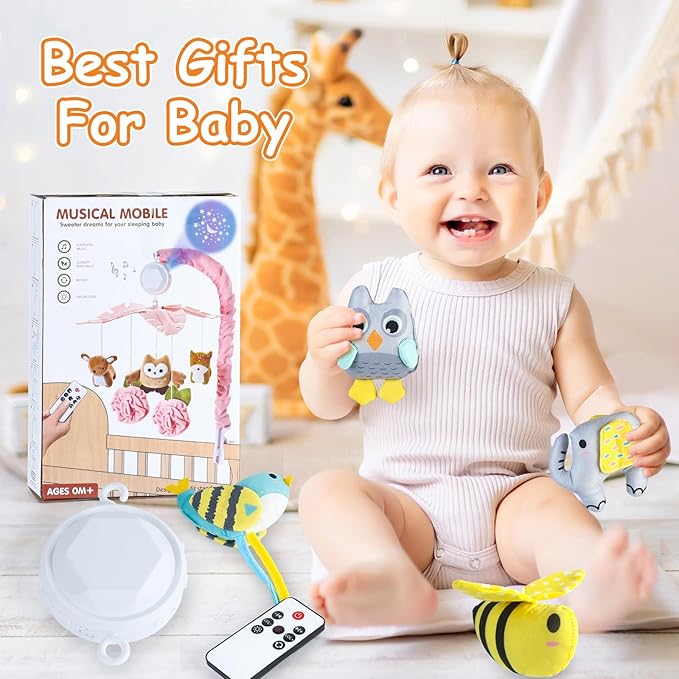 VZO Baby Crib Mobile with Music and Lights, Mobile for Crib with Remote Control, Rotation, Starlight Projection, Crib Toys for Babies Boys Girls Gray